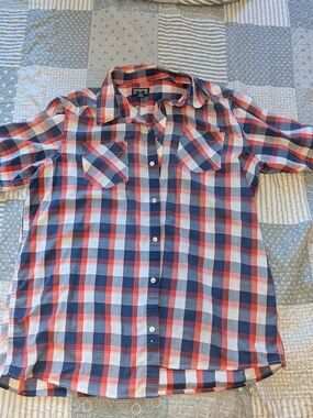 Cherokee Men's Plaid Button Up Shirt Short Sleeve Red Blue Size XL